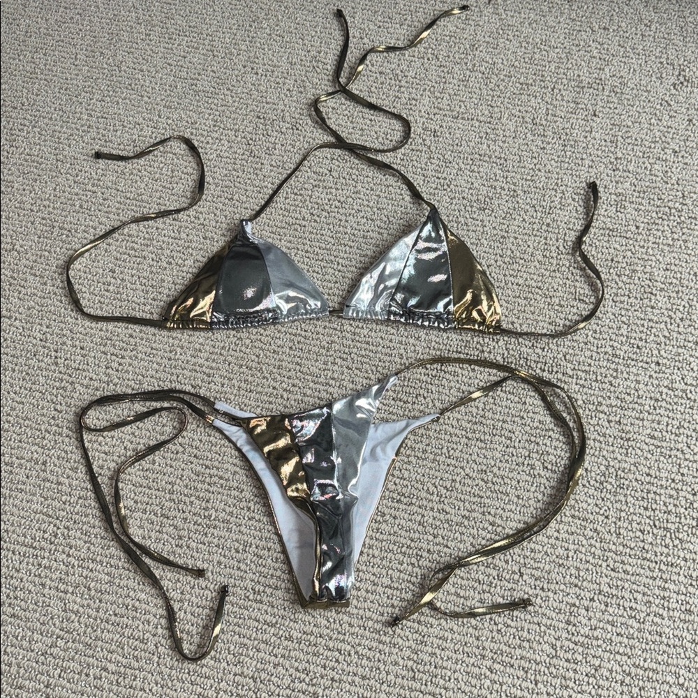 Silver and Gold Metallic 2 Piece SwimSuit XS